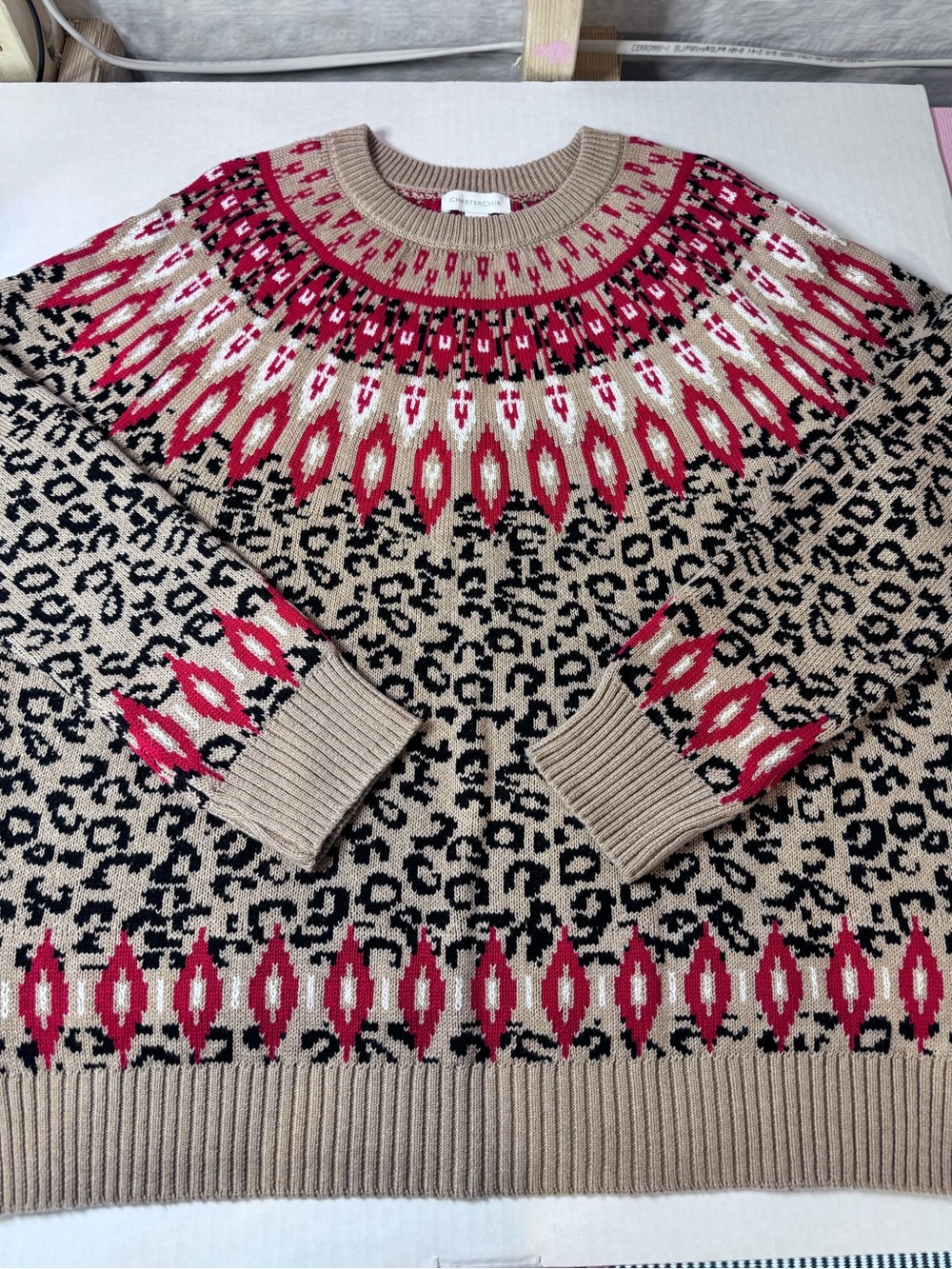 Charter Club Tan and Red Crewneck Knit Sweater